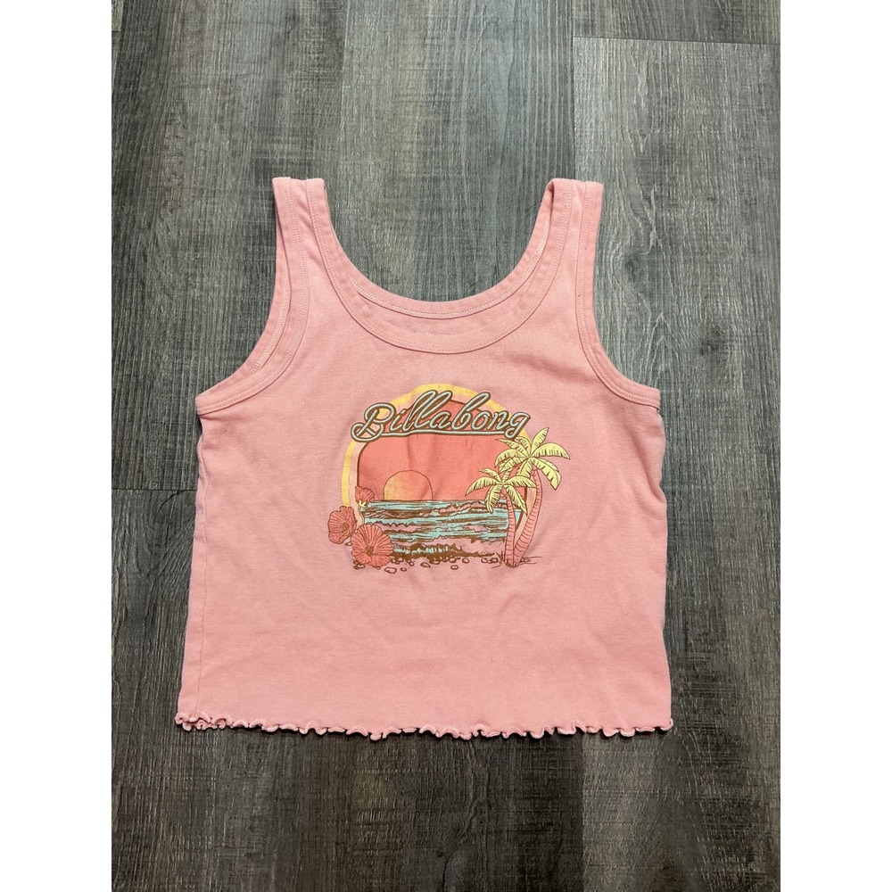 Billabong Girls Pink Graphic Tank Top Beach Sunset Lettuce Edge Hem Size Large